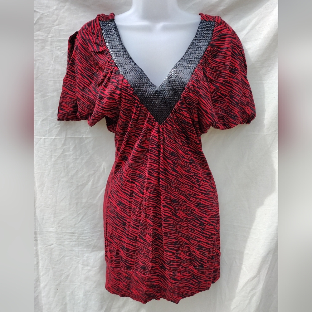 Rue21 Red Black Striped Sequin Bodycon Tunic Y2K Club Going Out Top Small